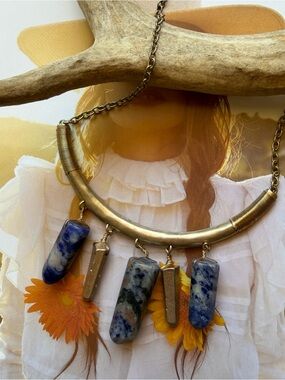Blue Style Sodalite Crystal Point Fringe Statement Necklace Bronze Tone Boho